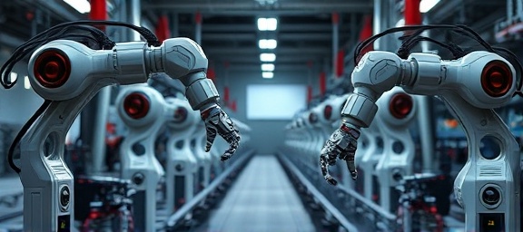 state-of-the-art automation robotics, intelligently adaptive, performing tasks, photorealistic, industrial manufacturing setting with assembly lines, highly detailed, robotic machines operating seamlessly, full-HD, grey and red, spotlight illumination, shot with a macro lens.