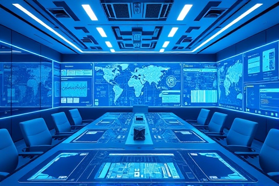 innovative automation technology, confidently poised, integrating seamlessly, photorealistic, futuristic conference room with digital whiteboards, highly detailed, digital interfaces and holographic displays, high-definition clarity, blue and white, neon backlighting, shot with a 135mm lens.