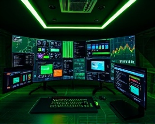 revolutionary automation workflow, meticulously structured, enhancing efficiency, photorealistic, cutting-edge tech workspace with interactive dashboards, highly detailed, fluid information flow and seamless device connections, 2K resolution, green and black, LED strip lighting, shot with a fish-eye lens.