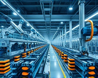 dynamic automation tools, energetically operational, accelerating output, photorealistic, advanced manufacturing plant with conveyor belts, highly detailed, robotic processes and automated logistics, 8K resolution, azure and grey, high-contrast lighting, shot with a tilt-shift lens.