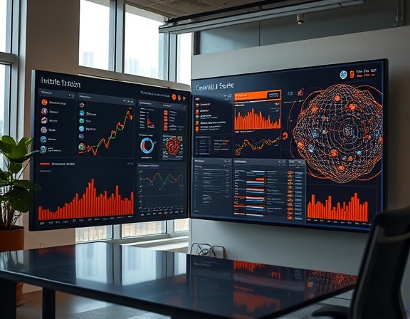 innovative contactAIsolutions dashboard, insightful expression, streamlining user experience, photorealistic, minimalistic office environment with large digital screens, highly detailed, pulsating graphic patterns and algorithms, crisp resolution, warm earth and metallic tones, natural window lighting, shot with a 50mm prime lens.