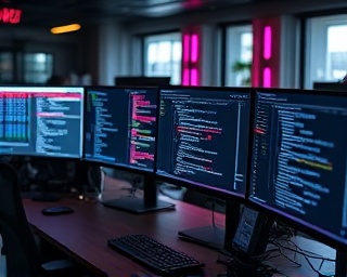 next-generation automation software, intuitively responsive, solving challenges, photorealistic, developer office environment with multi-screen setups, highly detailed, visual coding lines and algorithmic displays, vivid clarity, magenta and charcoal, soft focus lighting, shot with a portrait lens.