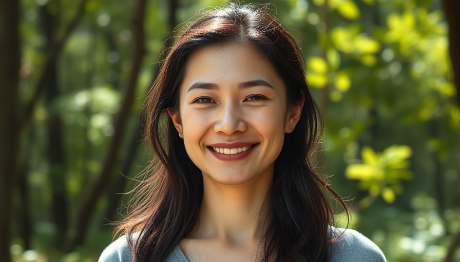 Peaceful woman smiling outdoors in a forest setting.