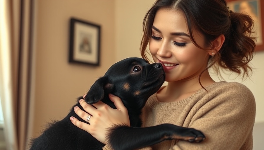 Woman and small dog with excessive licking, warm indoor setting.