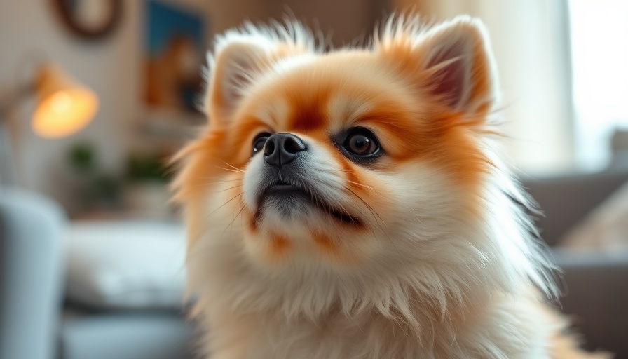 Fluffy Pomeranian looking attentively upwards in a cozy setting.