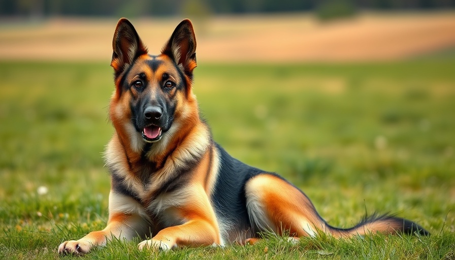 Alert German Shepherd sitting on grass in a sunny field