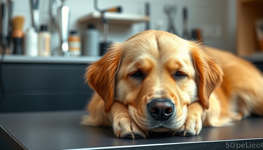 Golden dog on grooming table with tools, showcasing dog grooming tips.
