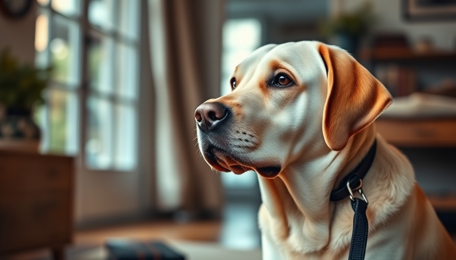 Labrador Retriever pondering next to leash, adopt failed service dogs.