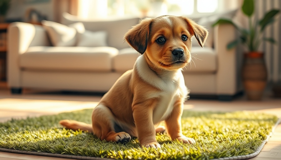 Adorable dog learning potty training on an indoor grass mat
