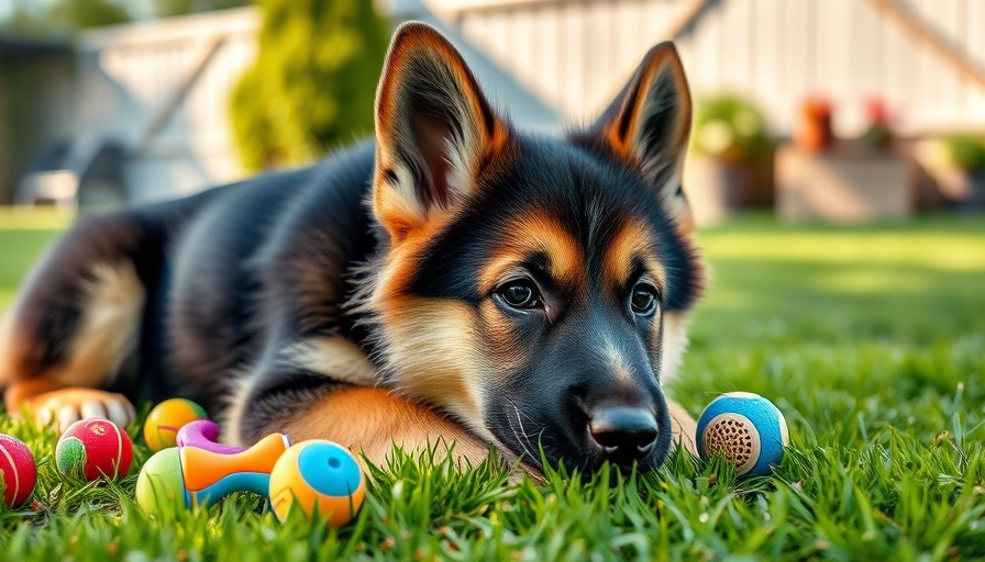 German Shepherd puppy with toys during training outside.