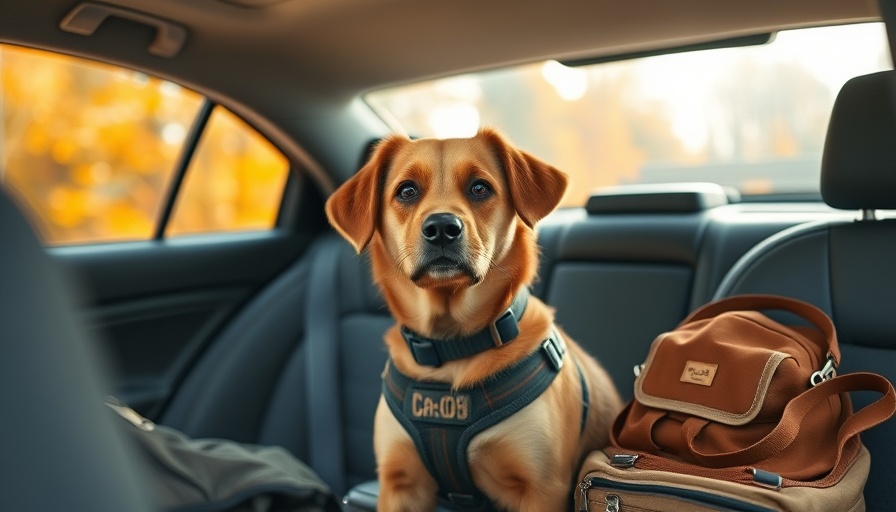 Traveling Safely with Your Dog: Brown dog in car with harness and essentials.