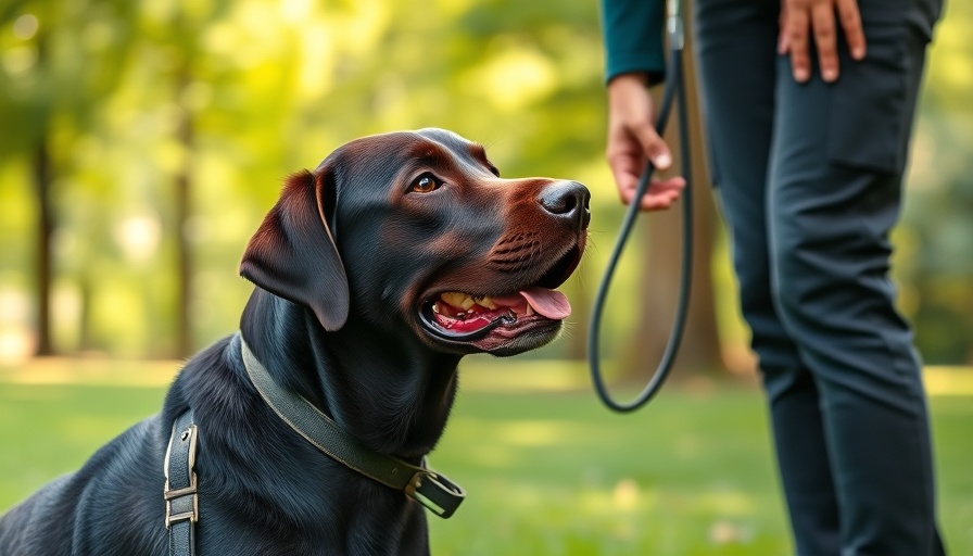 Lab dog training tips with a Labrador being trained in a park.