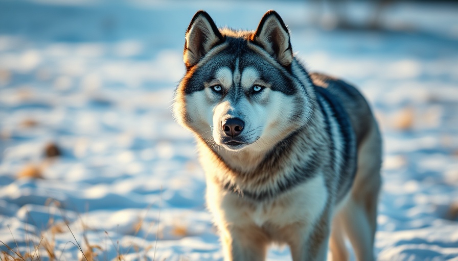 Majestic Alaskan Malamute with intense gaze in snowy field.