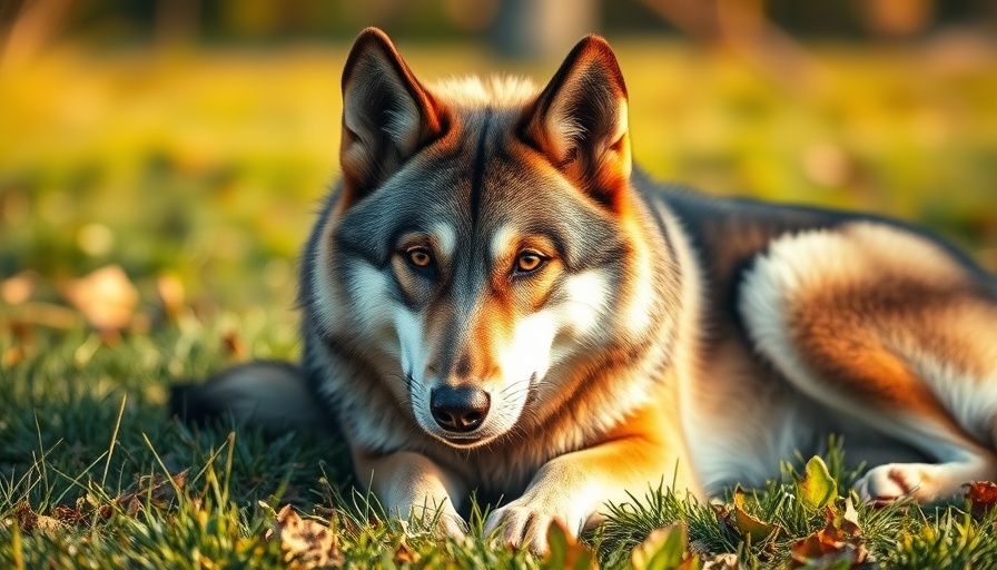 Majestic wolf-dog hybrid rescue lying on green grass.
