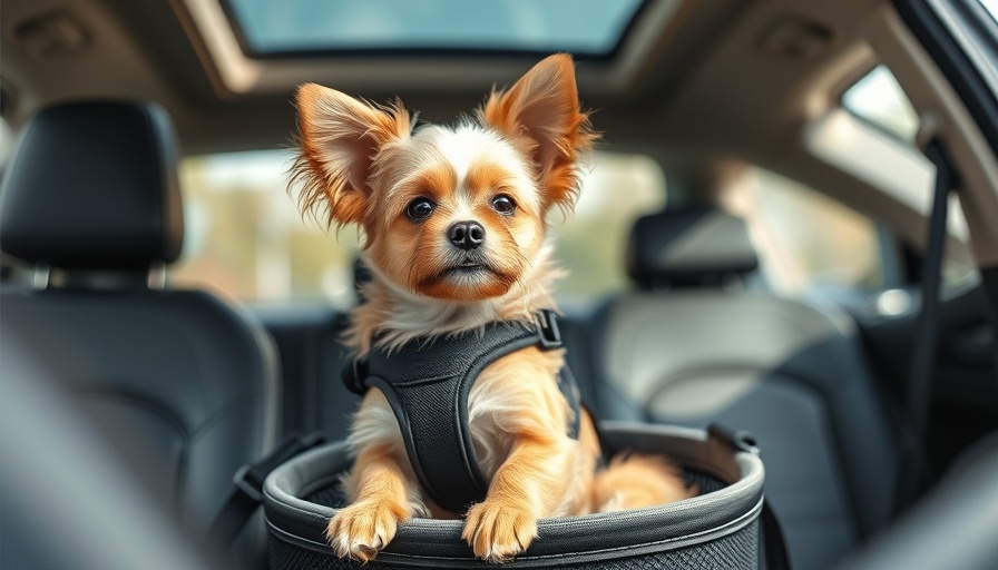 Cute dog in safety seat inside modern car, ensuring dog safety.