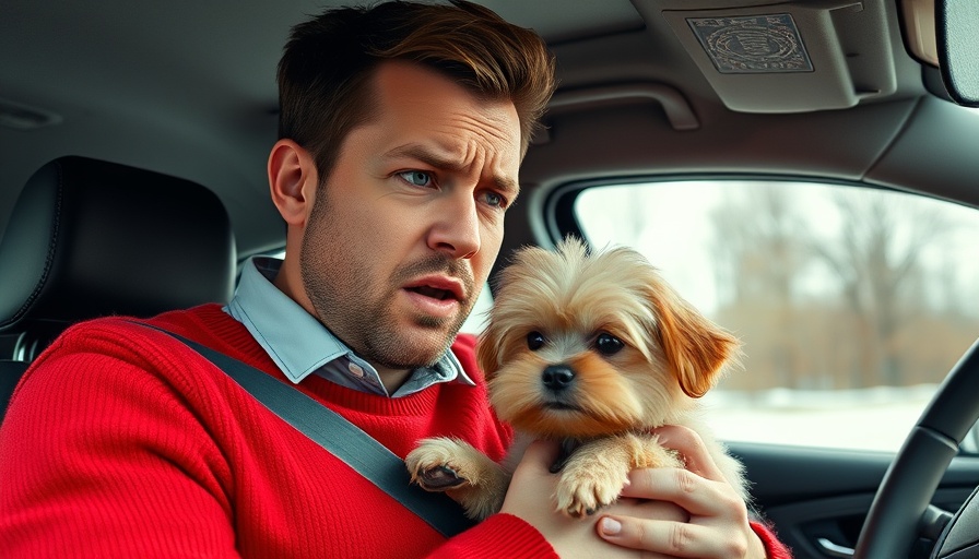 Man reacts to dog's bad breath in car, seeking solutions.