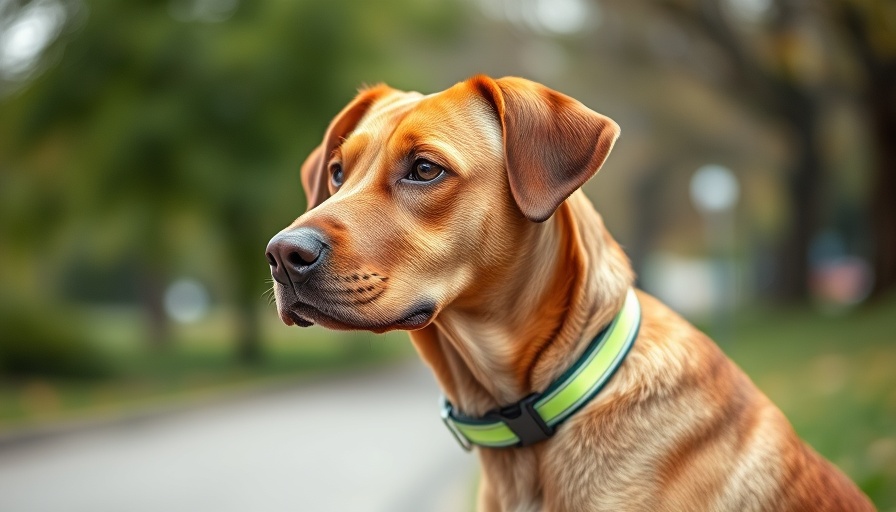 Brown dog wearing dog safety light collar in park.