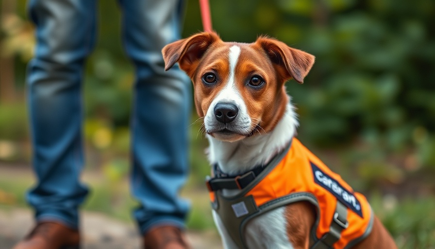 Dog wearing Carhartt safety vest outdoors, photorealistic shot.