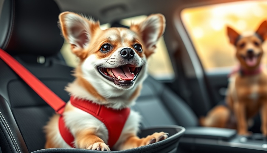 Dog in red safety harness sitting in car seat, promoting dog safety seat harness use.