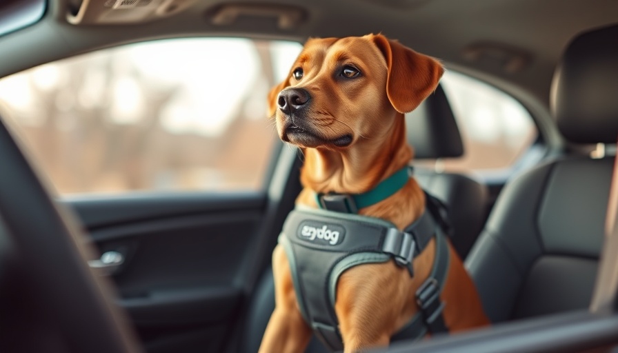 Brown dog wearing EzyDog Drive Car Harness in car seat.