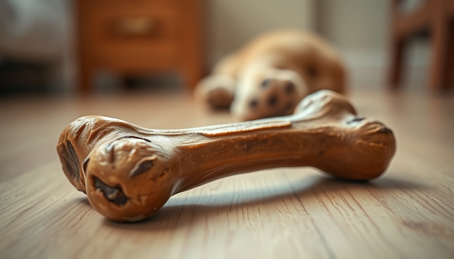 Textured dog bone on floor with curious dog paw behind.