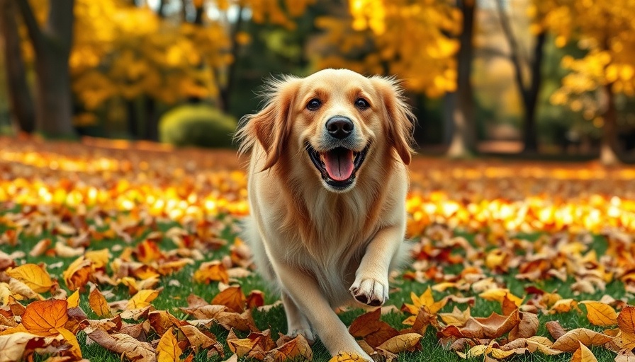 Playful golden retriever in autumn leaves, fall garden scene.