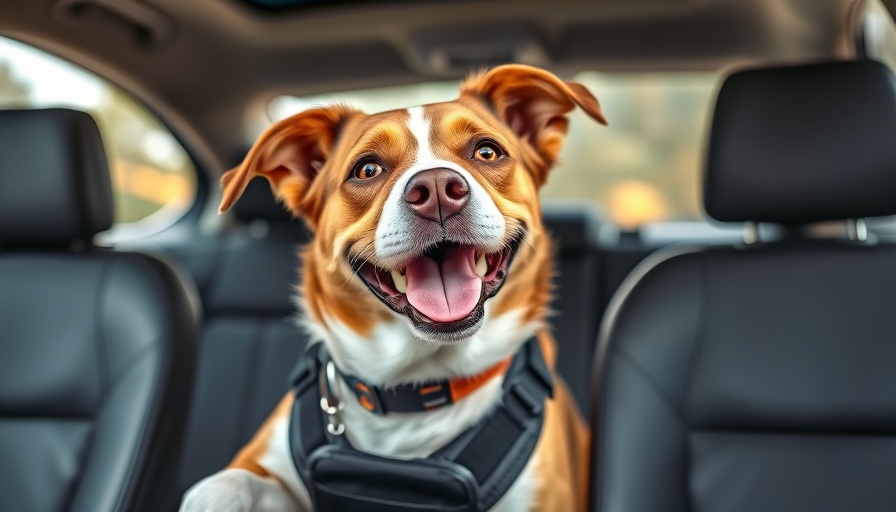 Happy dog in car with safety harness for travel.