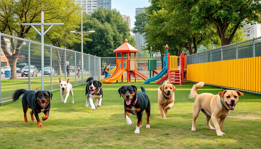Fenced dog park emphasizing dog park safety with playful dogs.