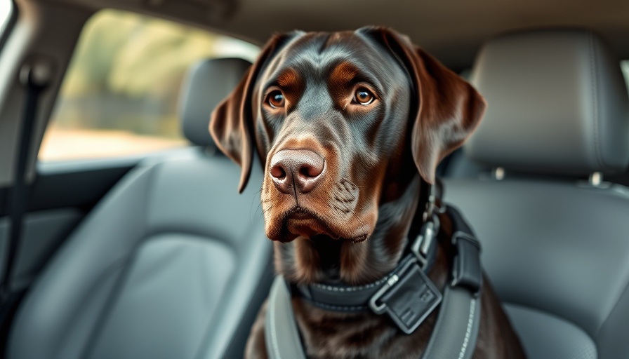 Chocolate Labrador wearing a dog safety belt in a car interior.