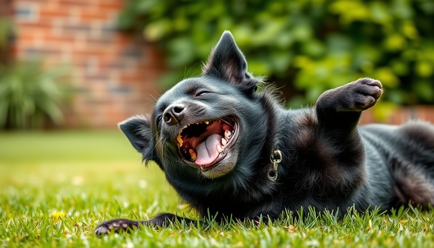 Playful black dog enjoying a sunny backyard.