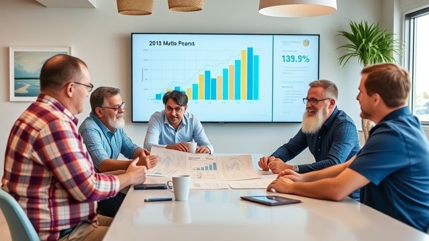 inspiring Myrtle Beach dealership leadership team, reviewing growth charts and digital marketing plans, beach-themed decor, high fidelity