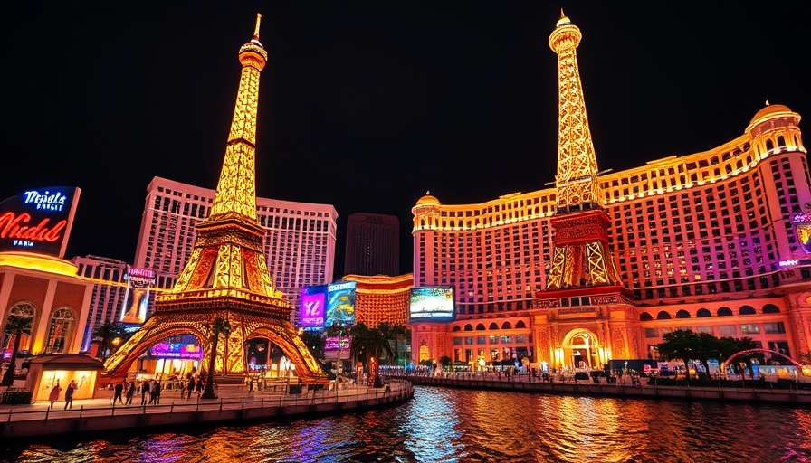 Colorful Las Vegas Strip at night with Eiffel Tower, reflecting lights.