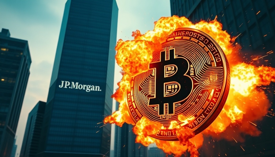 Explosive Bitcoin coin near skyscraper with J.P. Morgan logo, fiery scene.