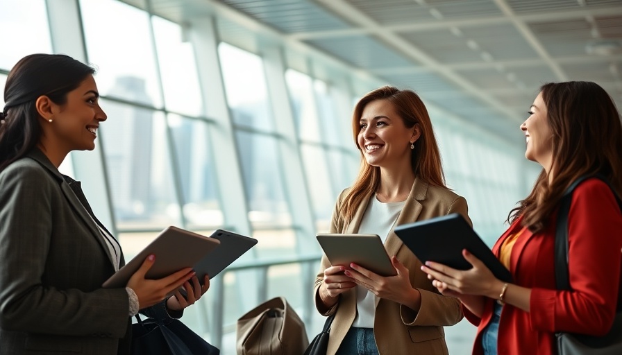 Confident women leaders discussing in airport terminal