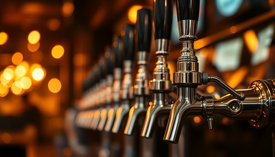 Shiny beer taps in bar with festive bokeh lights for party ski trip planning.