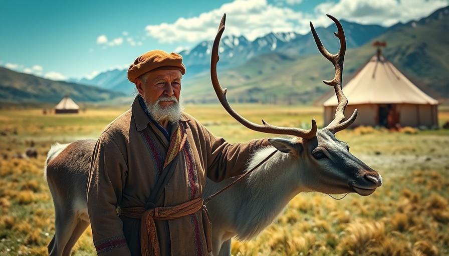 Visit Tsaatan reindeer herders Mongolia - Elderly man with reindeer in grassy landscape.