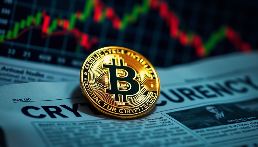 Golden Bitcoin with cryptocurrency headline and stock chart backdrop.