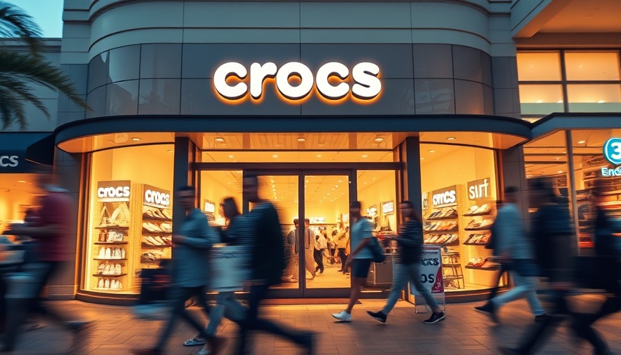 Crocs store with pedestrians and glowing signage in the evening.