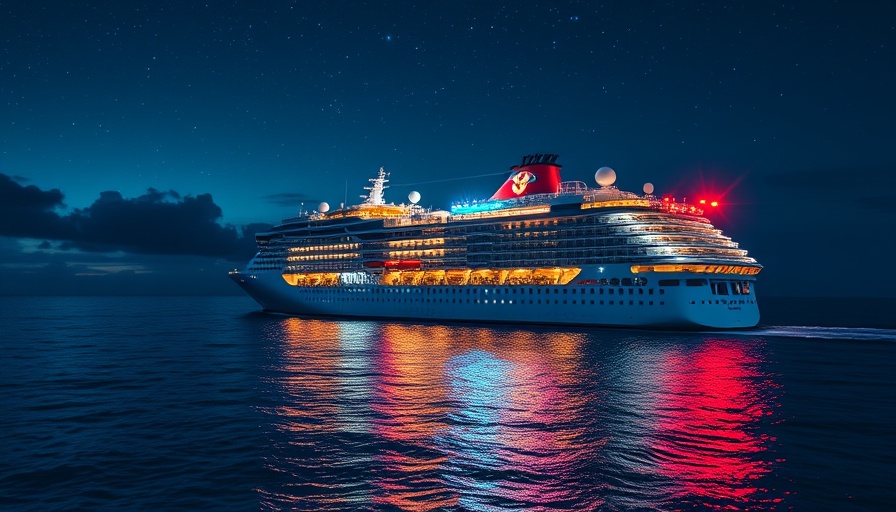 Legend of the Seas cruise ship brightly lit at night, ideal for family experiences.