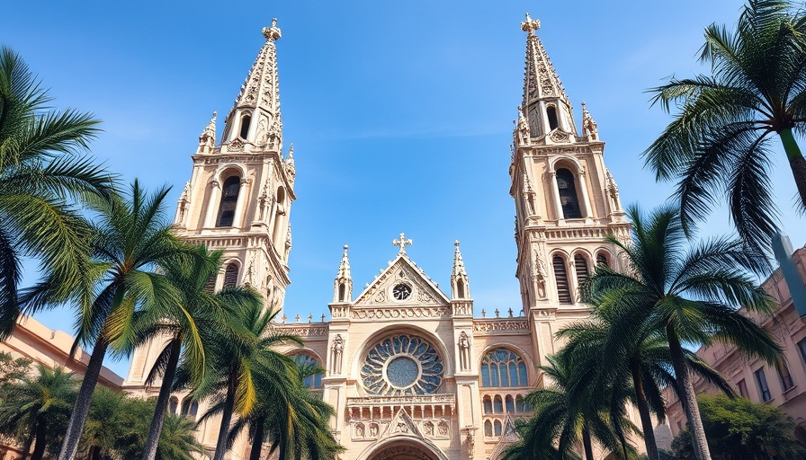 Historic cathedral in Lima surrounded by palm trees.