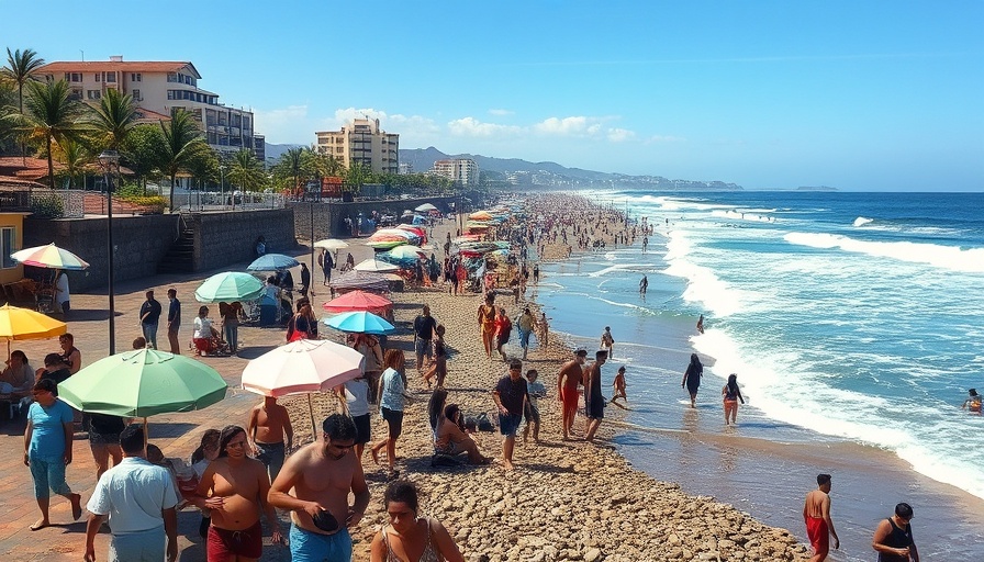 Bustling Mancora beach scene with ocean waves and umbrellas.