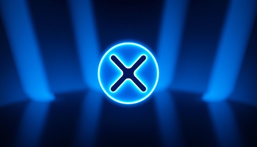 Minimalist XRP logo illuminated in dark blue gradient.