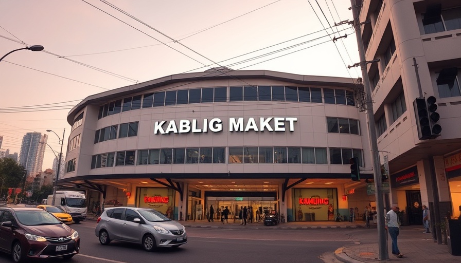 Modern Kamuning Public Market building with vehicles and pedestrians.