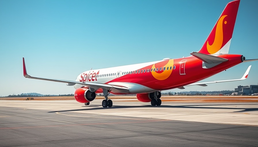 Bright SpiceJet airplane on runway during winter expansion