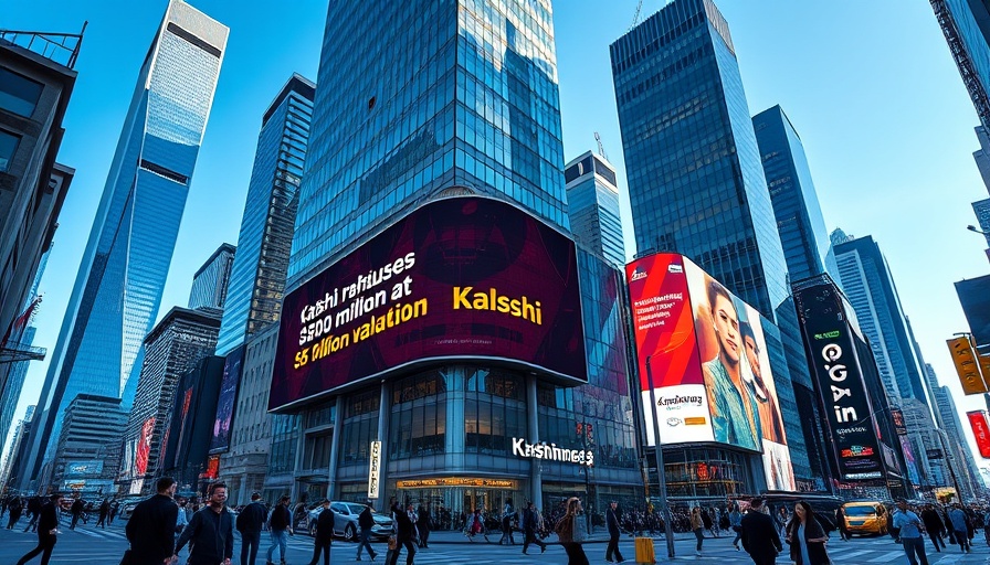 Kalshi's $300 million raise at $5 billion valuation displayed on skyscraper billboards.