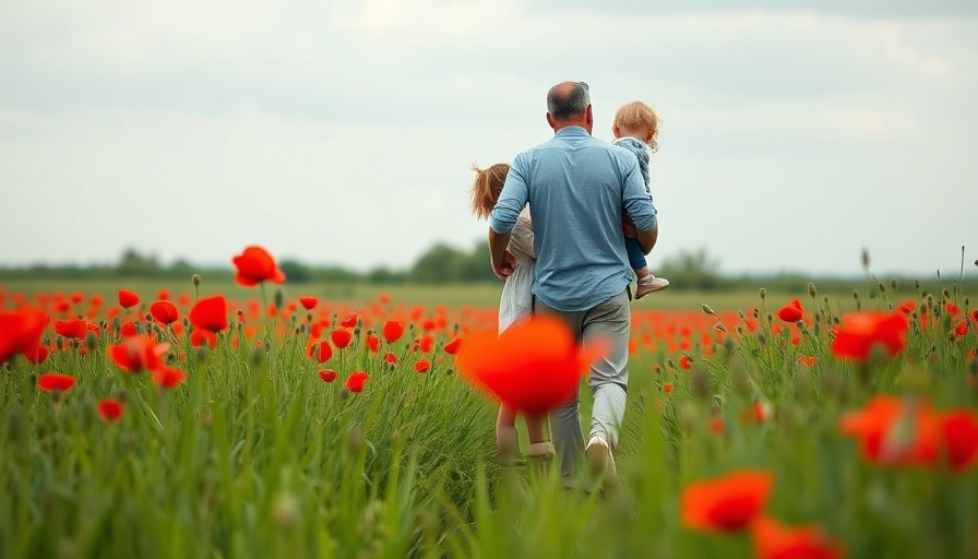 Father and kids relaxing in a poppy field, embodying 'Relax When Traveling with Kids'.