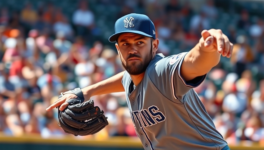 Baseball player focused in mid-pitch action, stadium in background.
