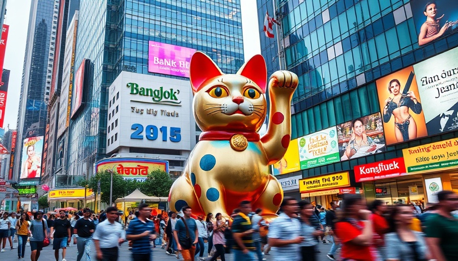 Bustling Bangkok street scene with colorful cat sculpture