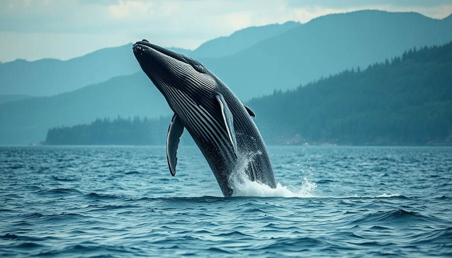 Whale breaching in Richmond BC waters with forested mountains.