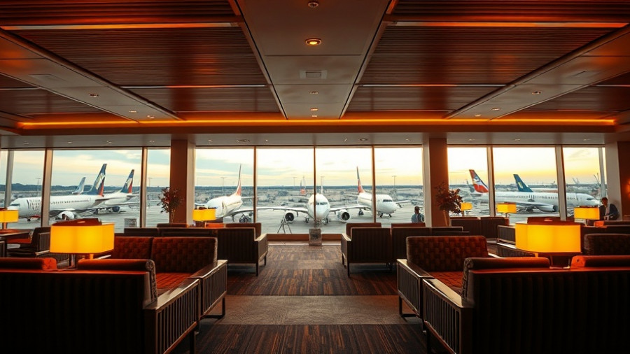 Luxurious airport lounge with modern design and ambient lighting, showing plane view; related to Amex Canada lounge access changes 2027.